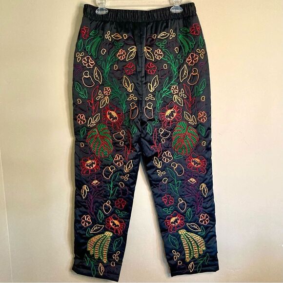 NEW FARM Rio Black Pants Embroidered Intricate Tropical Embroidery Satin Size M - Picture 11 of 15